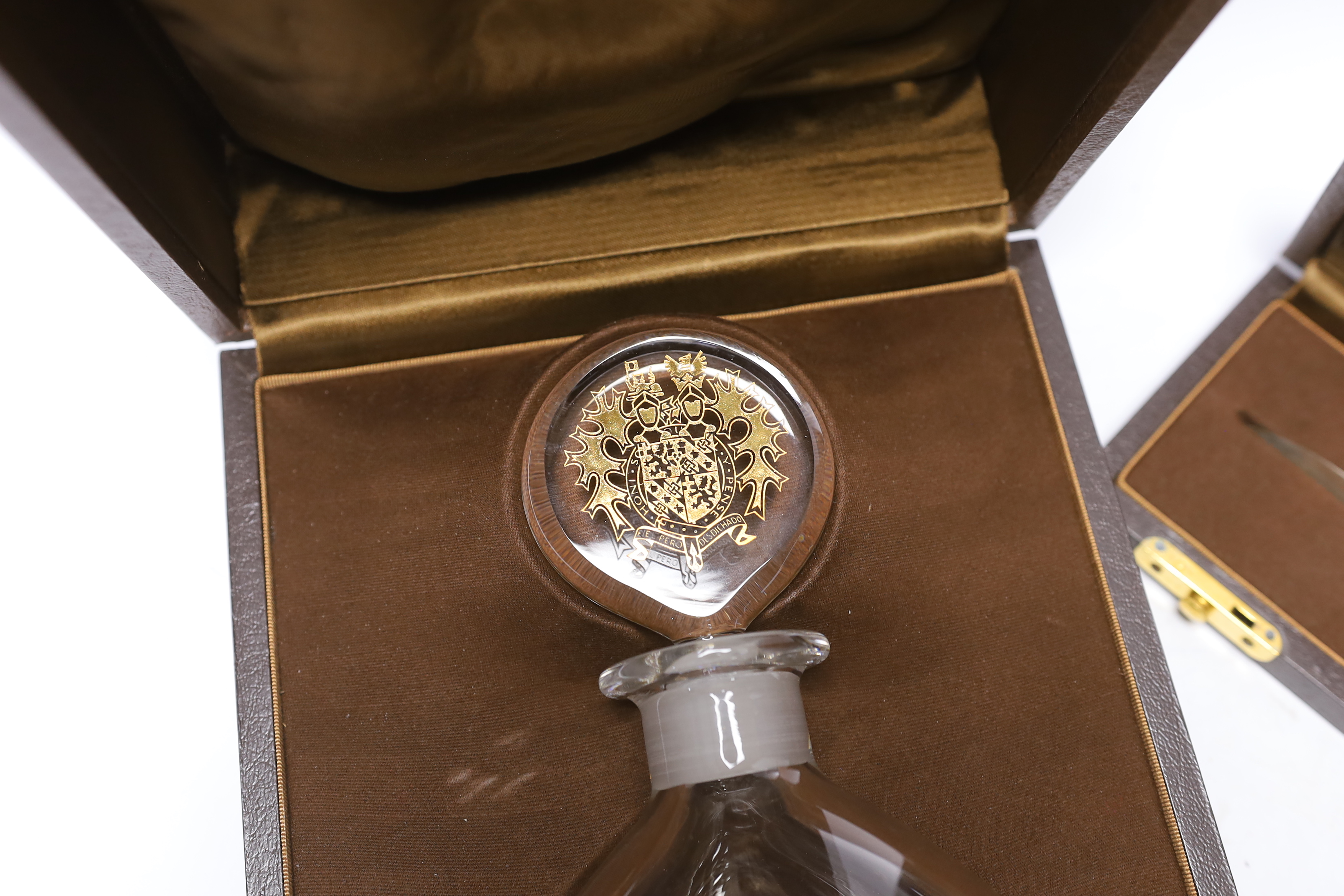 A Churchill commemorative silver letter opener and a commemorative Churchill decanter, Garrard & Co, boxed, letter opener 24.5cm long